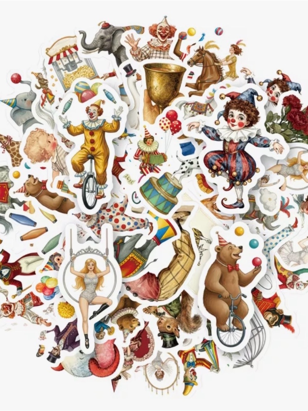 50 Vintage Circus Stickers Trapeze Ringmaster Clowns Elephant Monkey Show